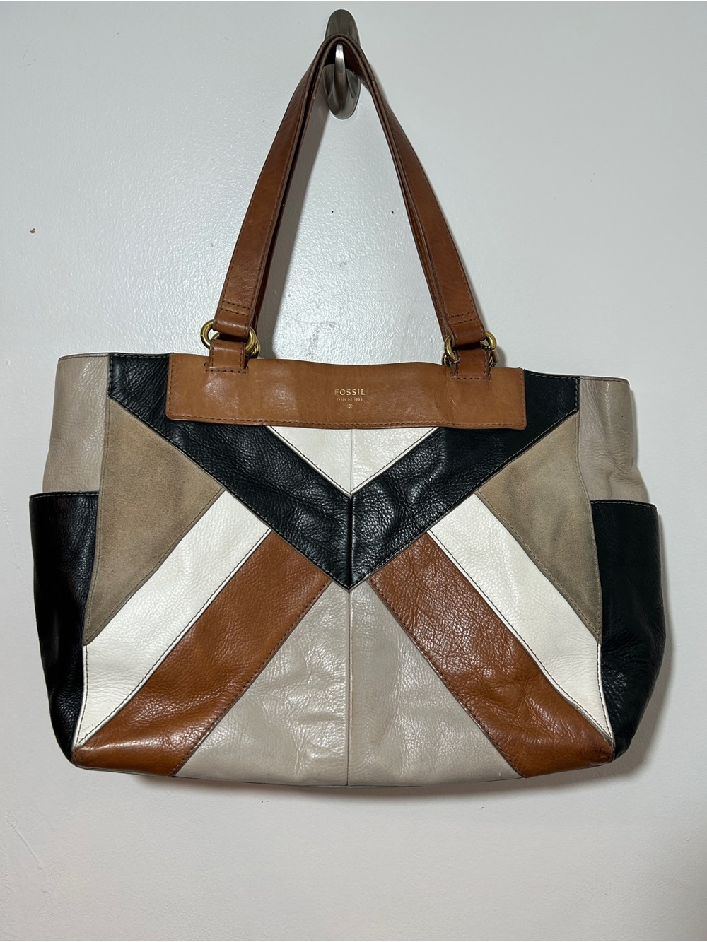 Fossil Sydney Shoulder Tote Patchwork Leather Shoulder .